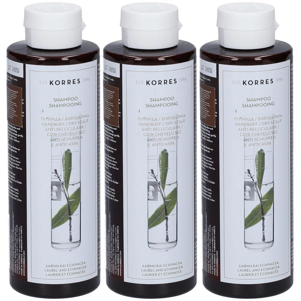 Drie flessen Korres Shampoo met Laurier en Echinacea voor droog, schilferig haar.