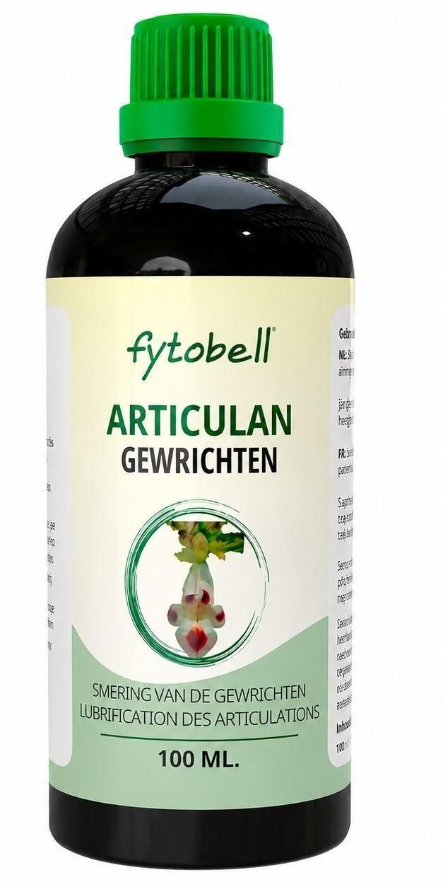 Fytobell Articulan: 100 ml fles met groene dop. Donkere vloeistof, etiket met plant.
