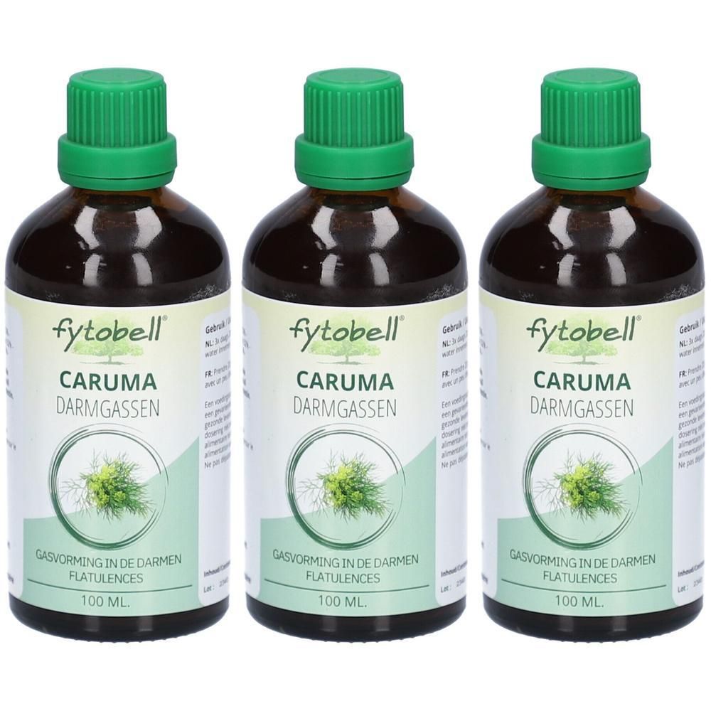 Drie flessen Fytobell Caruma van elk 100 ml. Bruine glazen flessen met groene doppen.