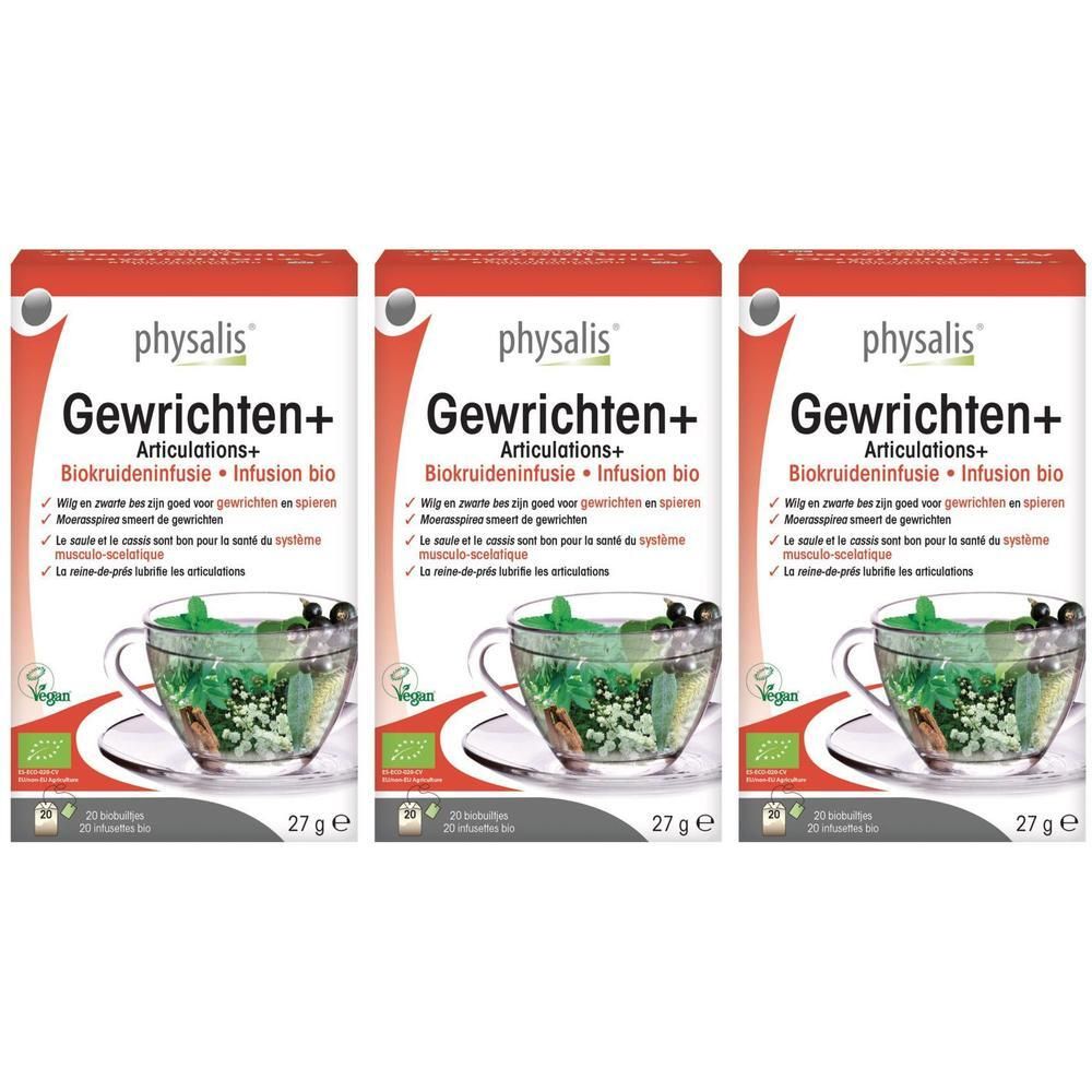 Drie pakken Physalis Articulations+ Kruidenthee Bio met afbeeldingen van kruiden en fruit in een kopje.