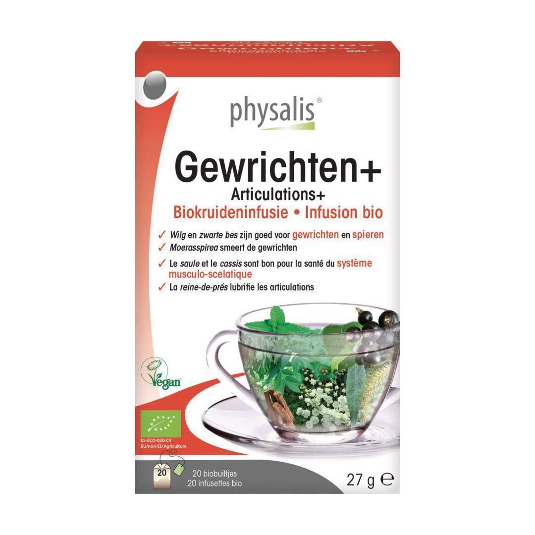 Physalis Articulations+ Infusion Bio: Boîte de 20 sachets, 27g. Montre une tasse d'infusion aux herbes avec menthe et baies.