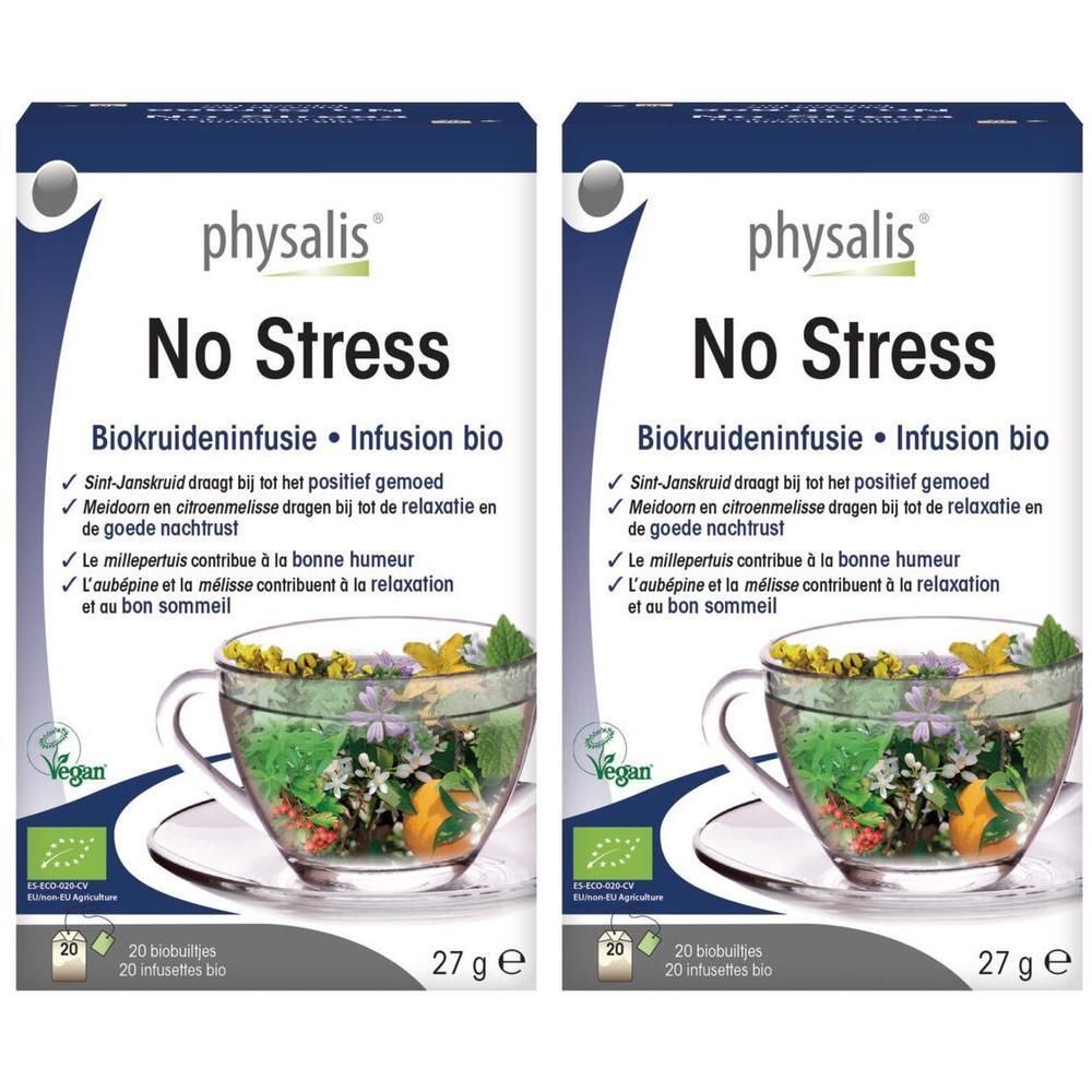 Deux paquets de tisane bio Physalis 'No Stress'. Chaque paquet contient 20 sachets.