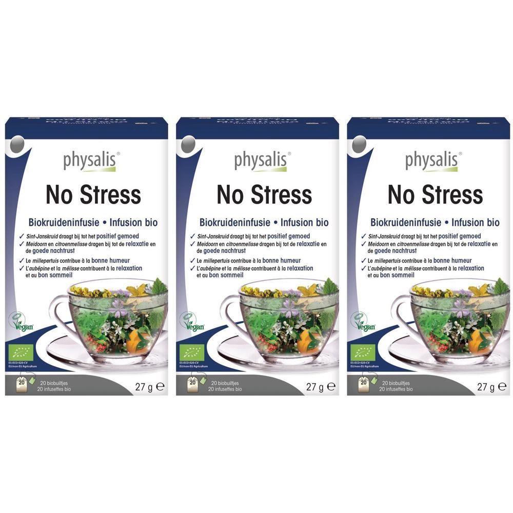Drie pakken Physalis No Stress Bio kruidenthee. Elk pak toont een kop kruidenthee en de tekst 'No Stress'.