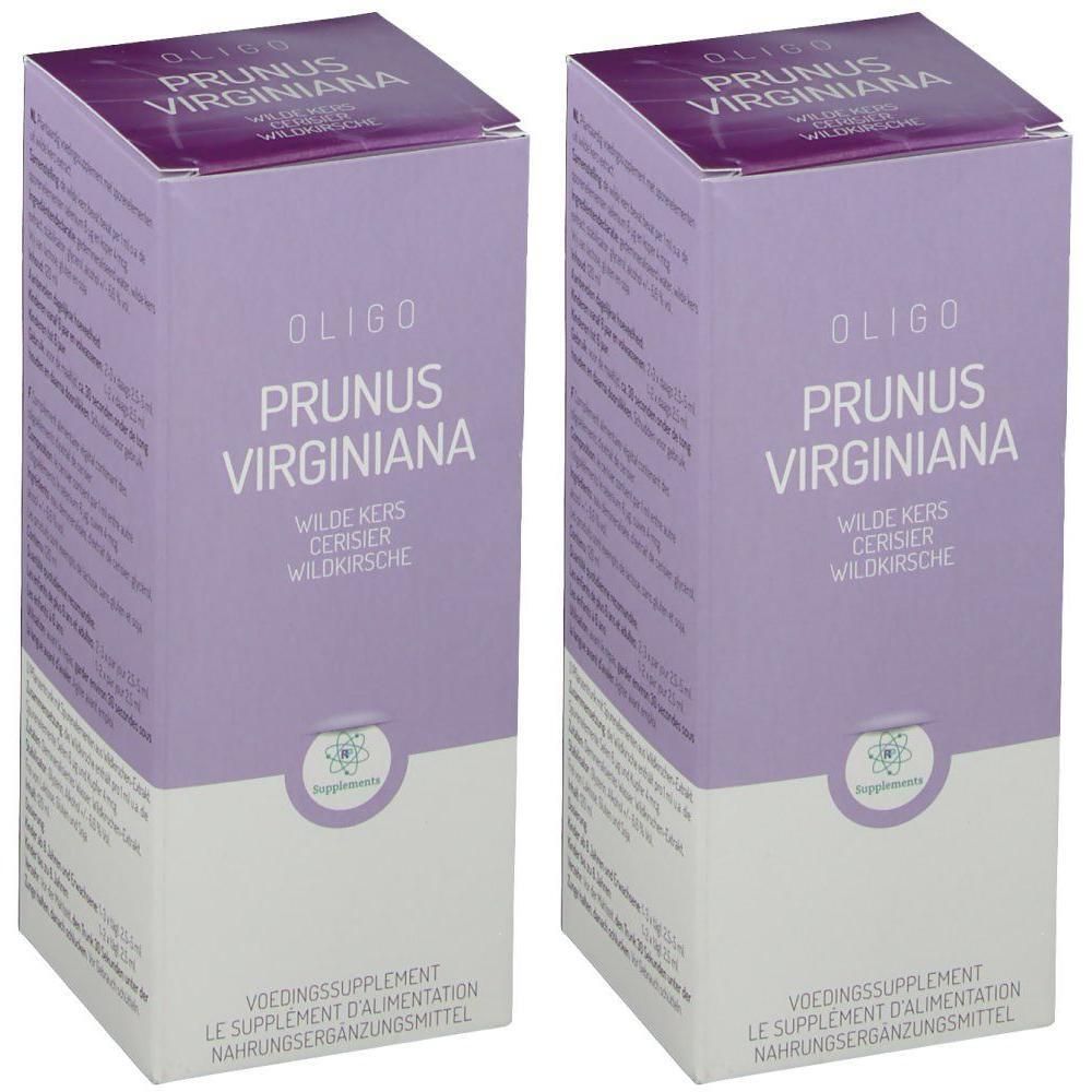 Deux boîtes d'Oligo Prunus Virginiana, violettes et blanches, avec informations produit.