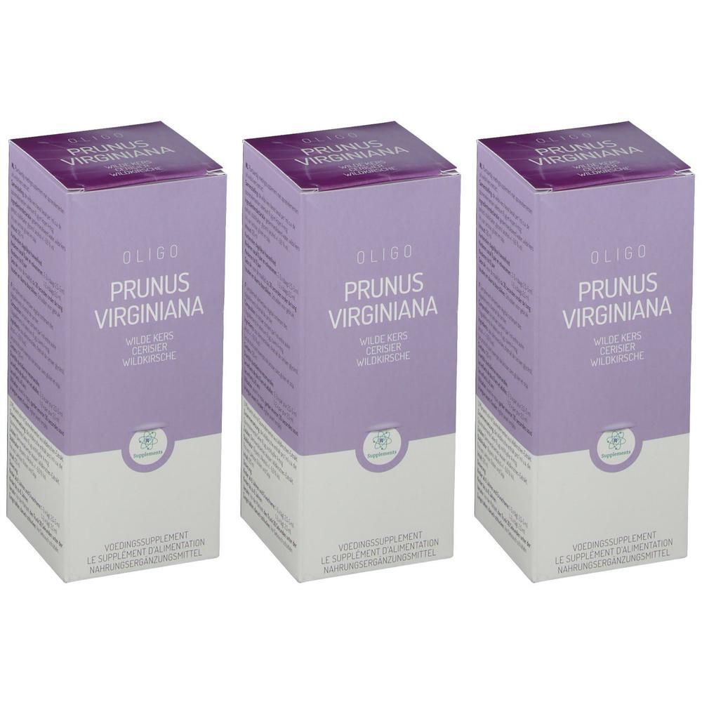 Trois boîtes d'Oligo Prunus Virginiana, violettes et blanches, avec informations produit.