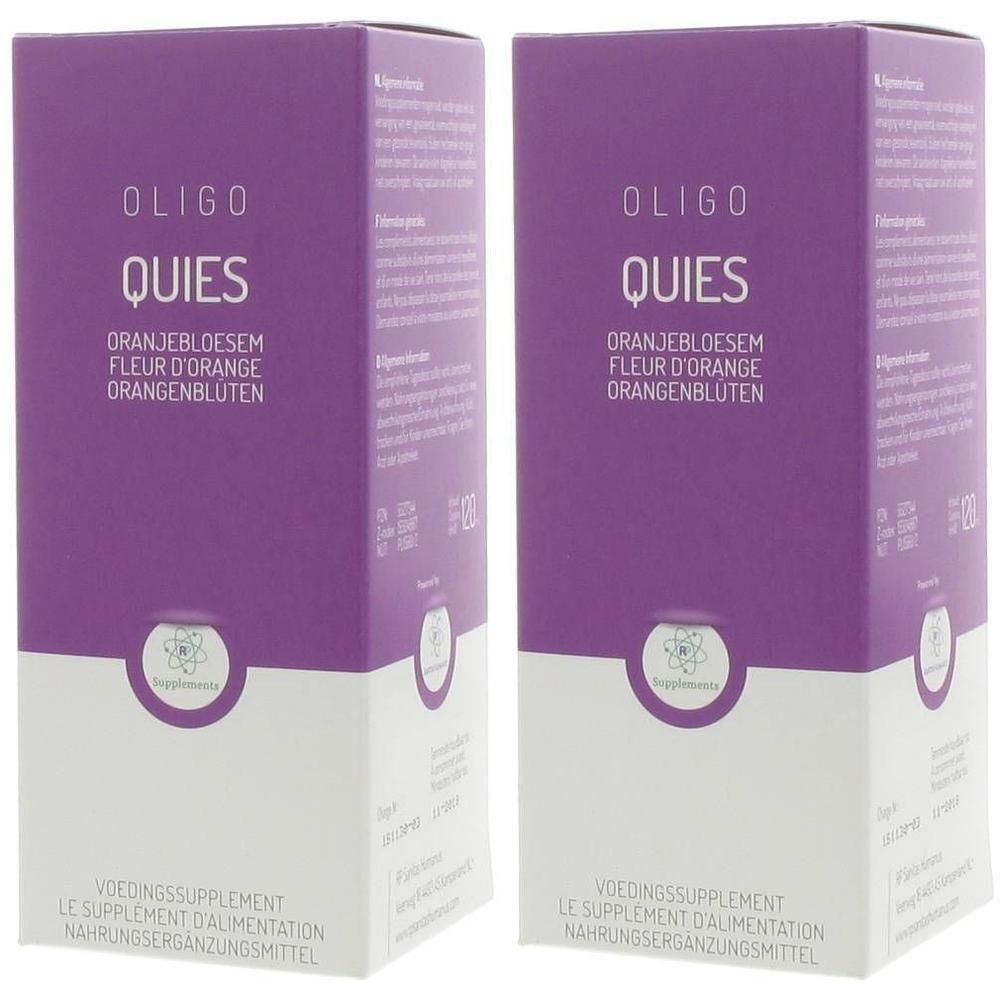 Twee doosjes Oligoplant Quies met oranjebloesem. Paarse en witte verpakking.