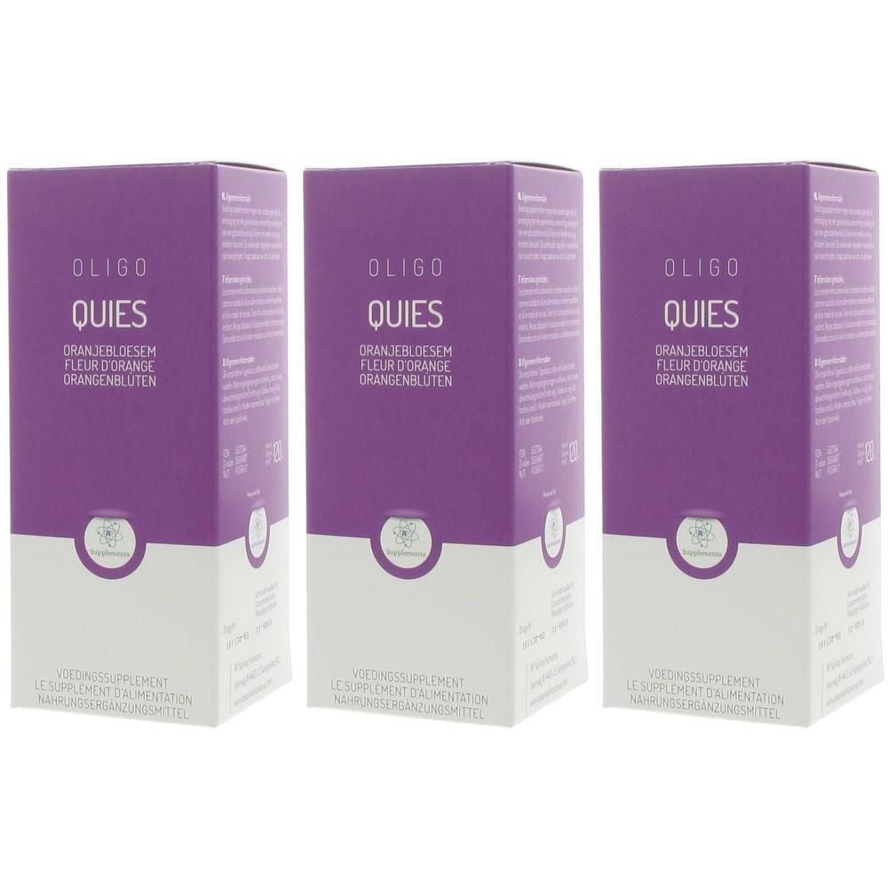 Trois boîtes d'Oligoplant Quies à la fleur d'oranger. Emballage violet et blanc.