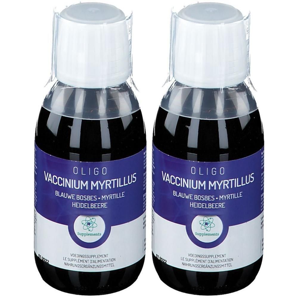 Deux flacons d'Oligo Vaccinium Myrtillus contenant un liquide sombre. Étiquettes avec nom du produit et informations.