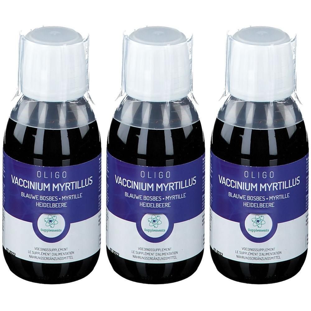 Trois flacons d'Oligo Vaccinium Myrtillus au contenu bleu et bouchons blancs. L'étiquette indique le nom du produit et un symbole.
