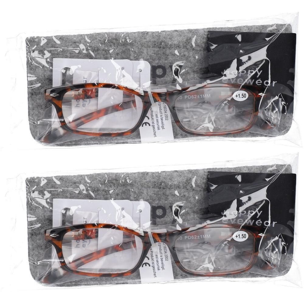 Deux paires de lunettes de lecture écaille de tortue marron +1.50, chacune dans un étui en feutre.