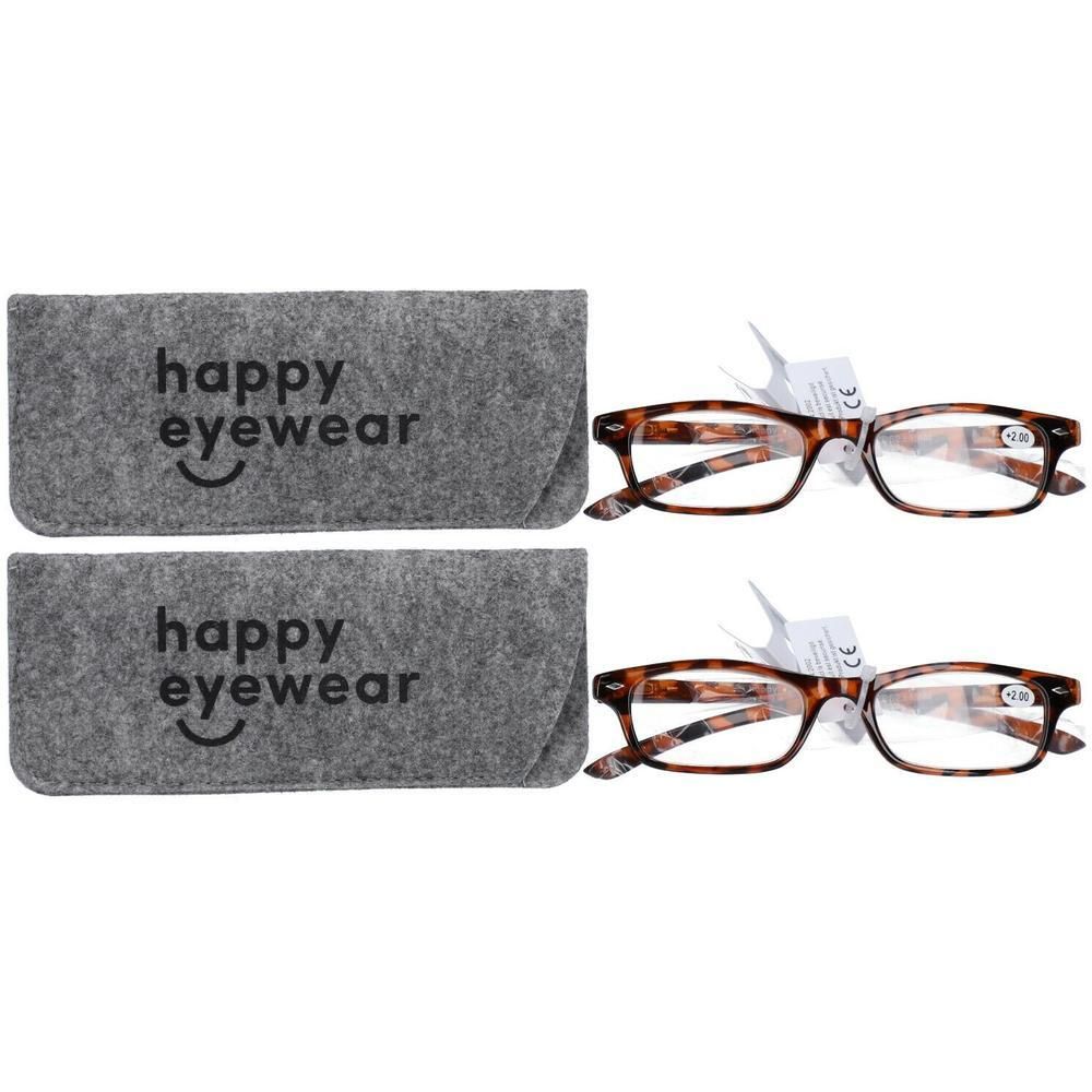 Twee leesbrillen met bruin schildpadpatroon, elk met een grijs vilten etui met 'happy eyewear'-opdruk.