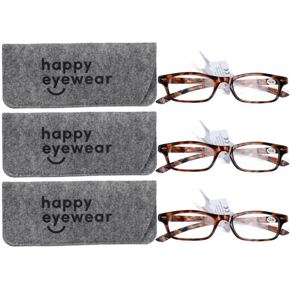 Drie paar schildpad leesbrillen met drie grijze brillenkokers met 'happy eyewear'-logo.