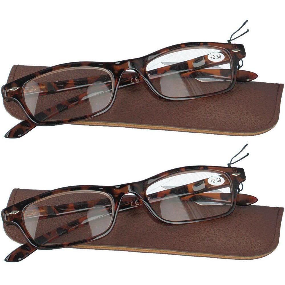 Deux paires de lunettes de lecture écaille de tortue brune avec étuis. Puissance +2,50.