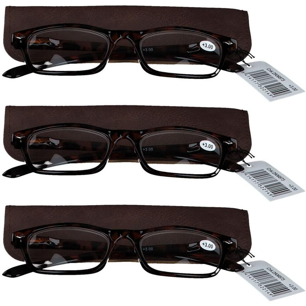 Trois paires de lunettes de lecture écaille de tortue marron avec étuis. Chaque verre indique +3.00.