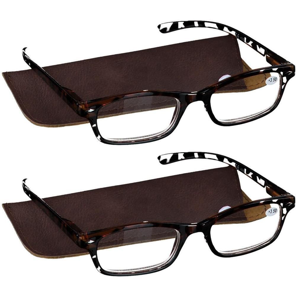 Deux paires de lunettes de lecture avec étuis marron. Montures écaille de tortue, branches noir et blanc. Dioptrie +3.50.