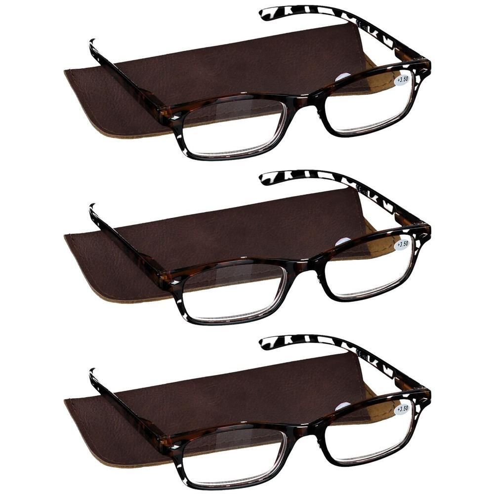 Drie leesbrillen met schildpadmontuur en zwart-wit gestreepte pootjes, elk met een bruin etui.