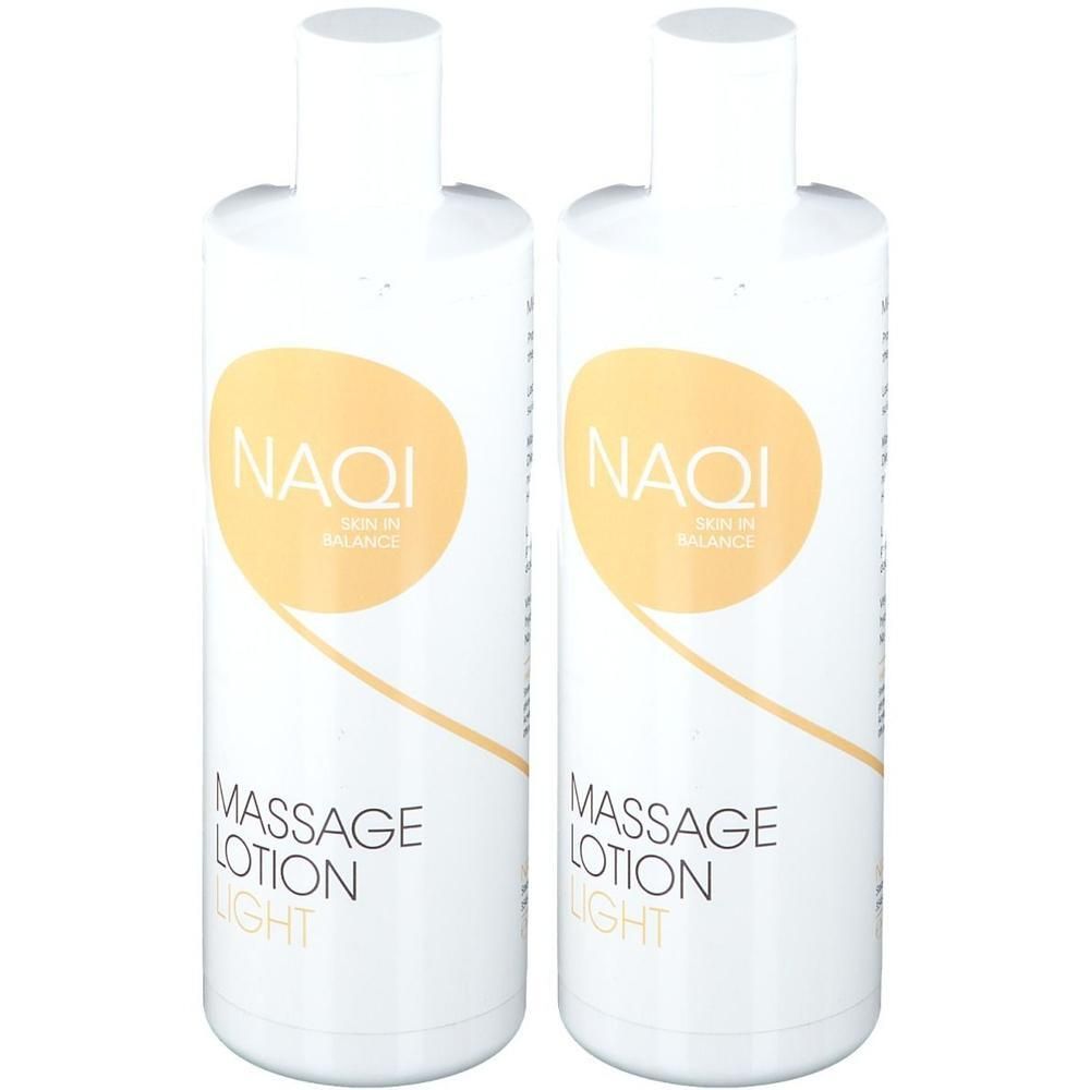 Deux bouteilles blanches de NAQI Massage Lotion Light avec logo circulaire jaune et texte.