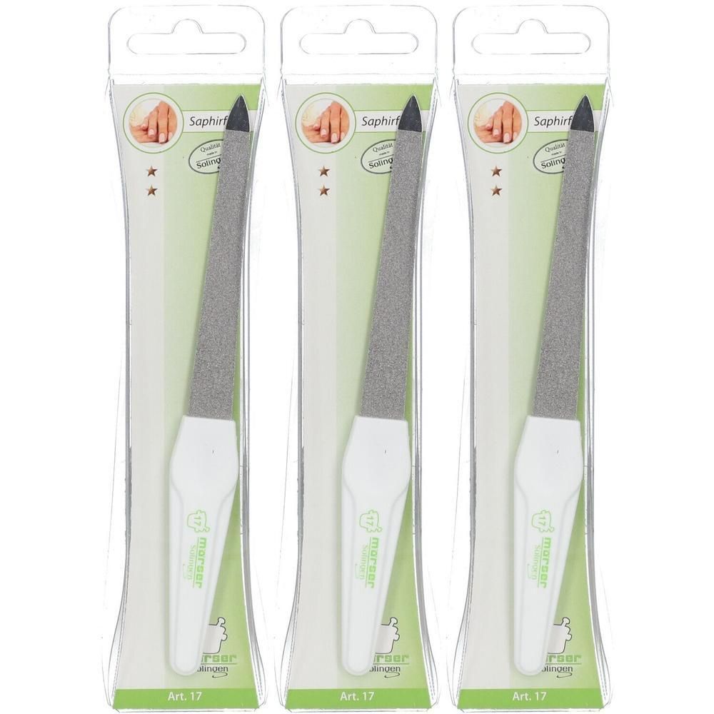 Trois limes à ongles saphir avec manche blanc, emballées.