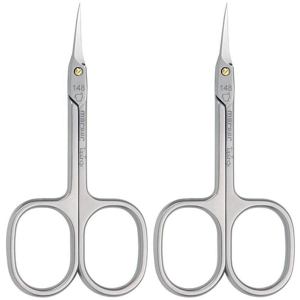 Twee metalen nagelriemschaartjes met gebogen punten en een gouden klinknagel. Model 148.