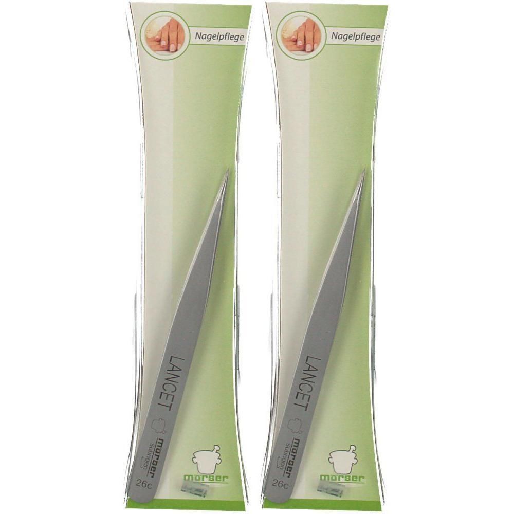 Deux pinces Morser A Echardes Lancet, couleur argent, dans un emballage transparent avec des accents verts.