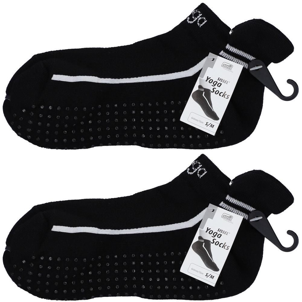 Chaussettes de yoga noires avec picots antidérapants et bande blanche. Taille S/M.