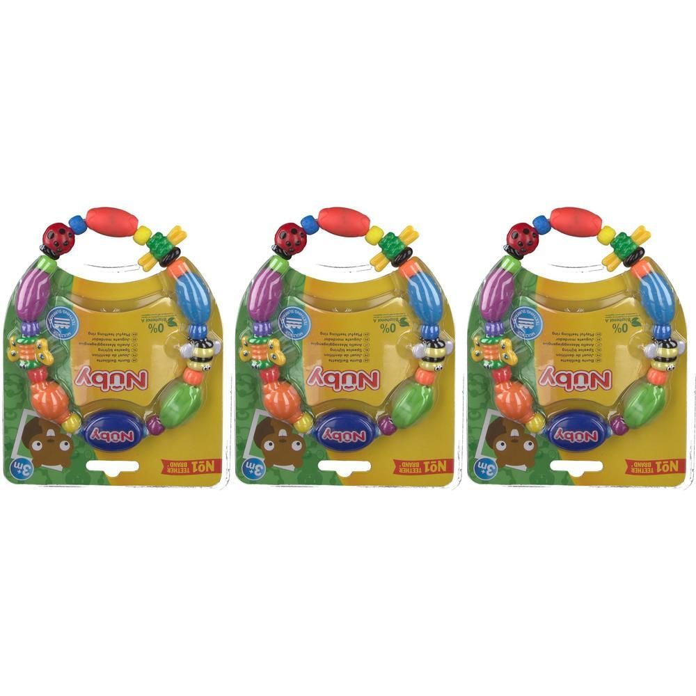 Drie Nuby bijtringen in bijen- en lieveheersbeestjesvorm, kleurrijk en verpakt.