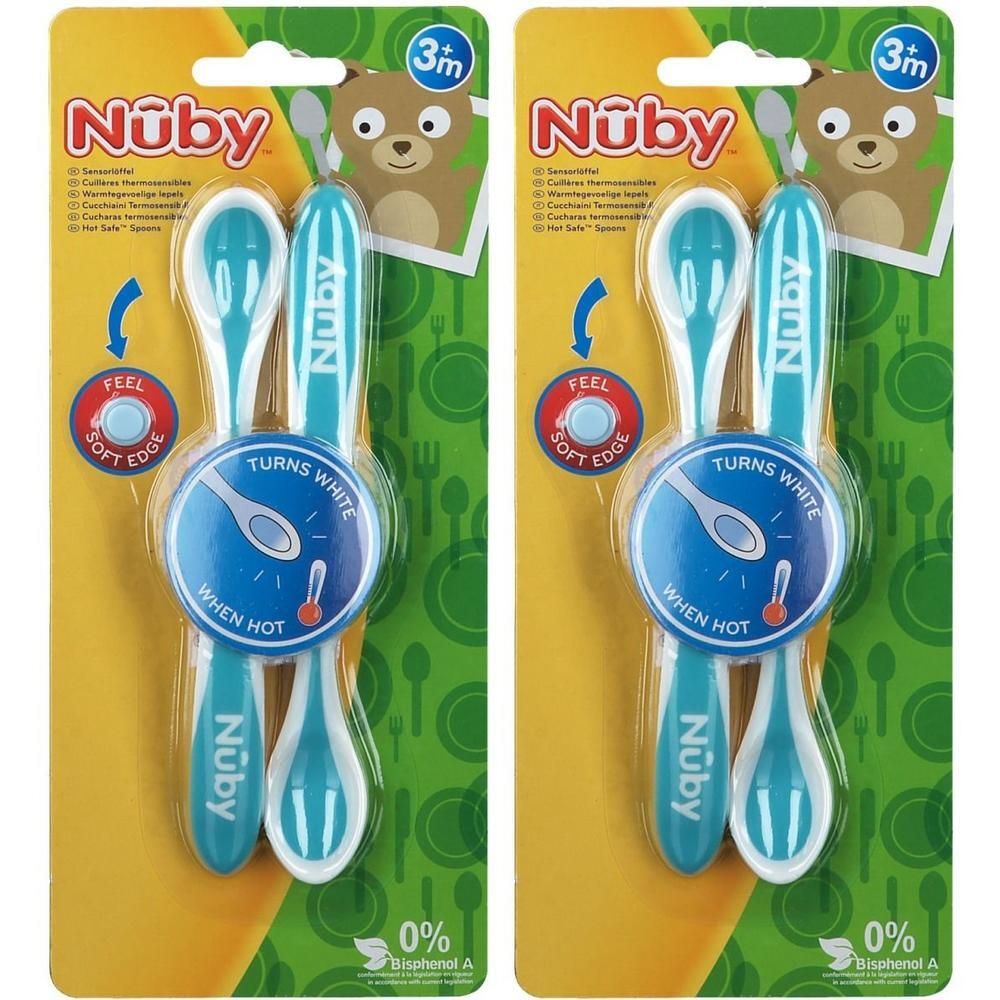 Nuby Lot de 2 cuillères thermosensibles. Bord souple, devient blanc quand chaud.