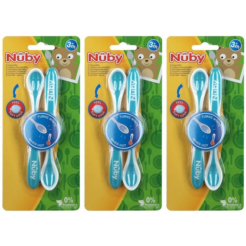 Nuby thermosensibele lepels in 2-pack. Blauw en wit, met temperatuurindicator.