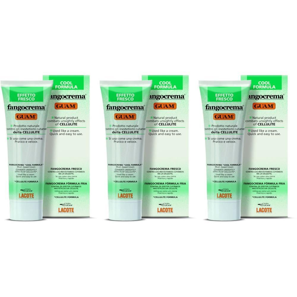 Trois tubes de Guam Fangocrema avec mention "Cool Formula", emballage vert.