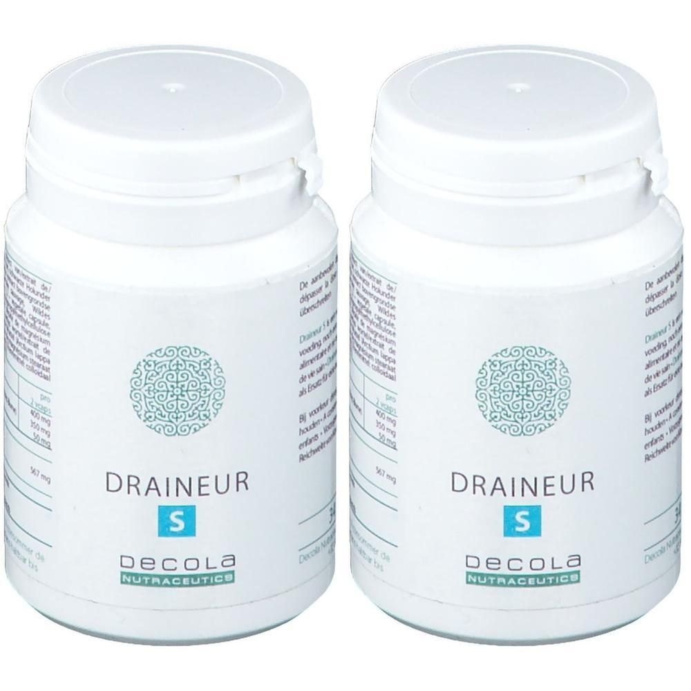 Deux flacons blancs avec inscription "DRAINEUR S" et "DECOLA NUTRACEUTICS".