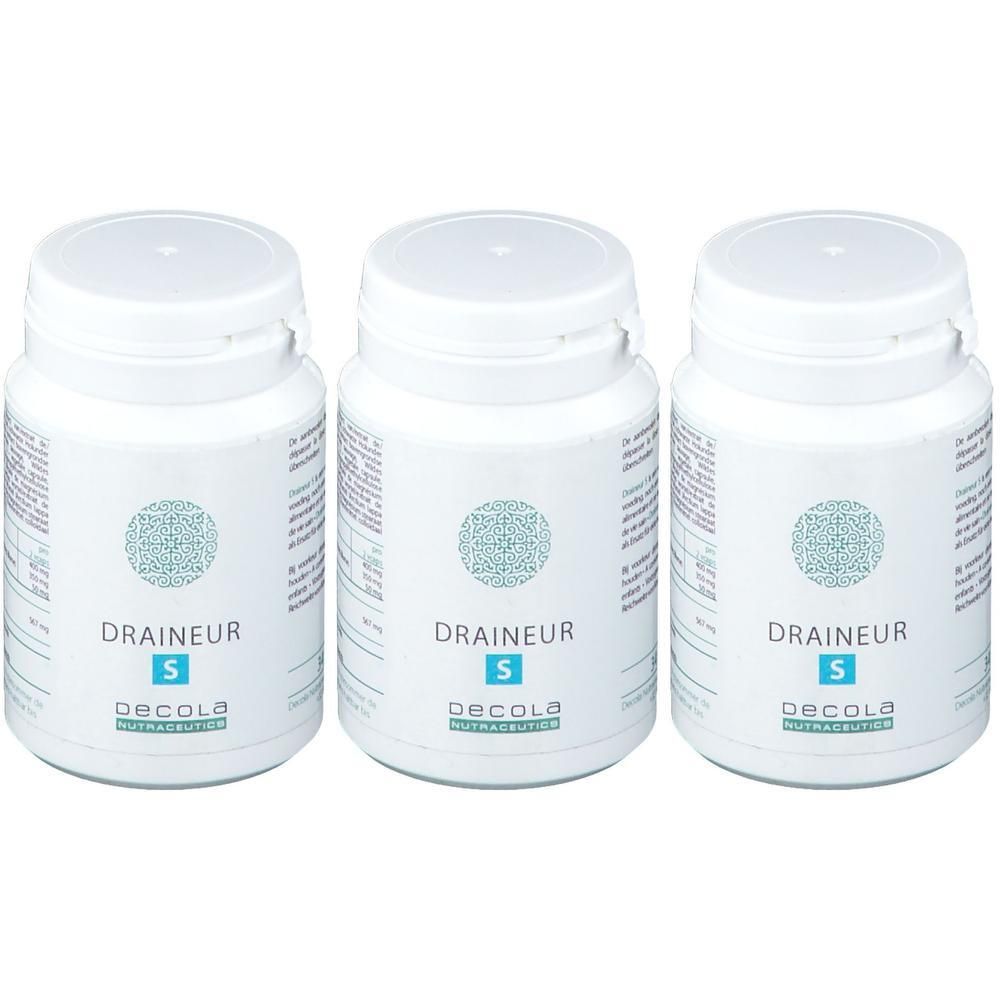 Drie witte containers met Decola Draineur S etiketten en blauwe cirkelpatronen.