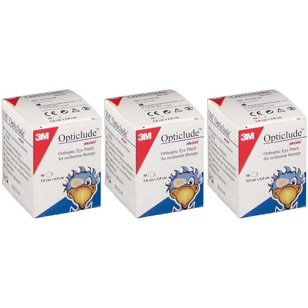 Drie verpakkingen 3M Opticlude orthoptische oogpleisters voor occlusietherapie, mini-formaat.