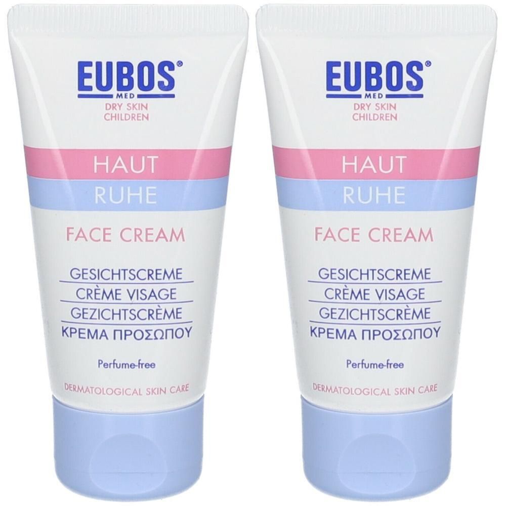 Twee tubes Eubos Haut Ruhe Gezichtscrème, parfumvrij, voor droge huid en kinderen.