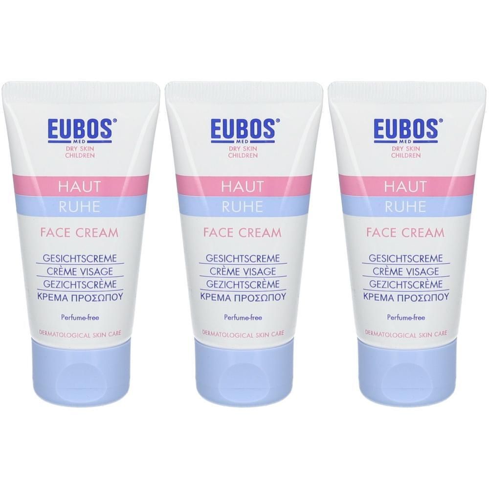 Drie tubes Eubos Haut Ruhe gezichtscrème met blauwe en roze strepen.