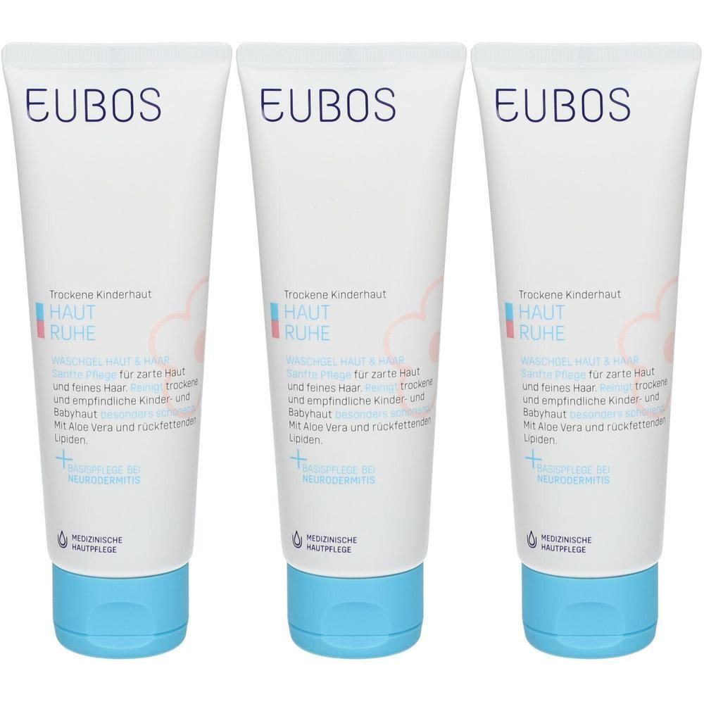 Drie tubes EUBOS Haut Ruhe wasgel voor huid en haar. Voor droge, gevoelige huid en babyhuid.