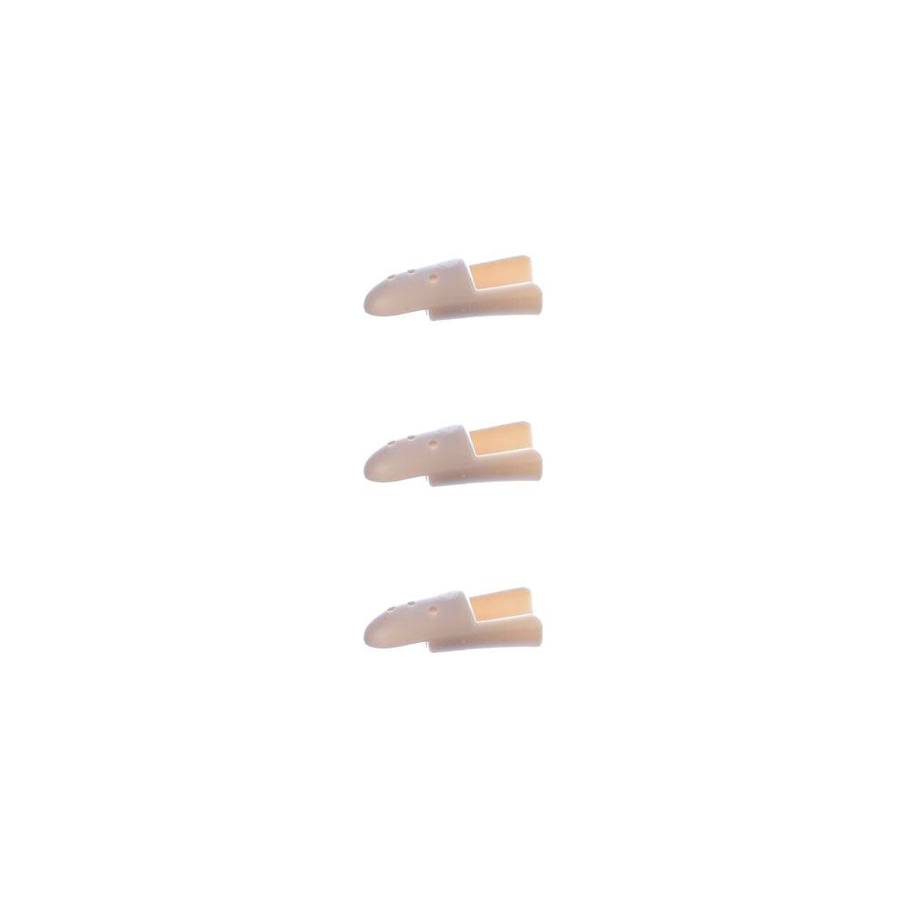 Drie beige vingerorthesen van kunststof met een lichtere inzet.