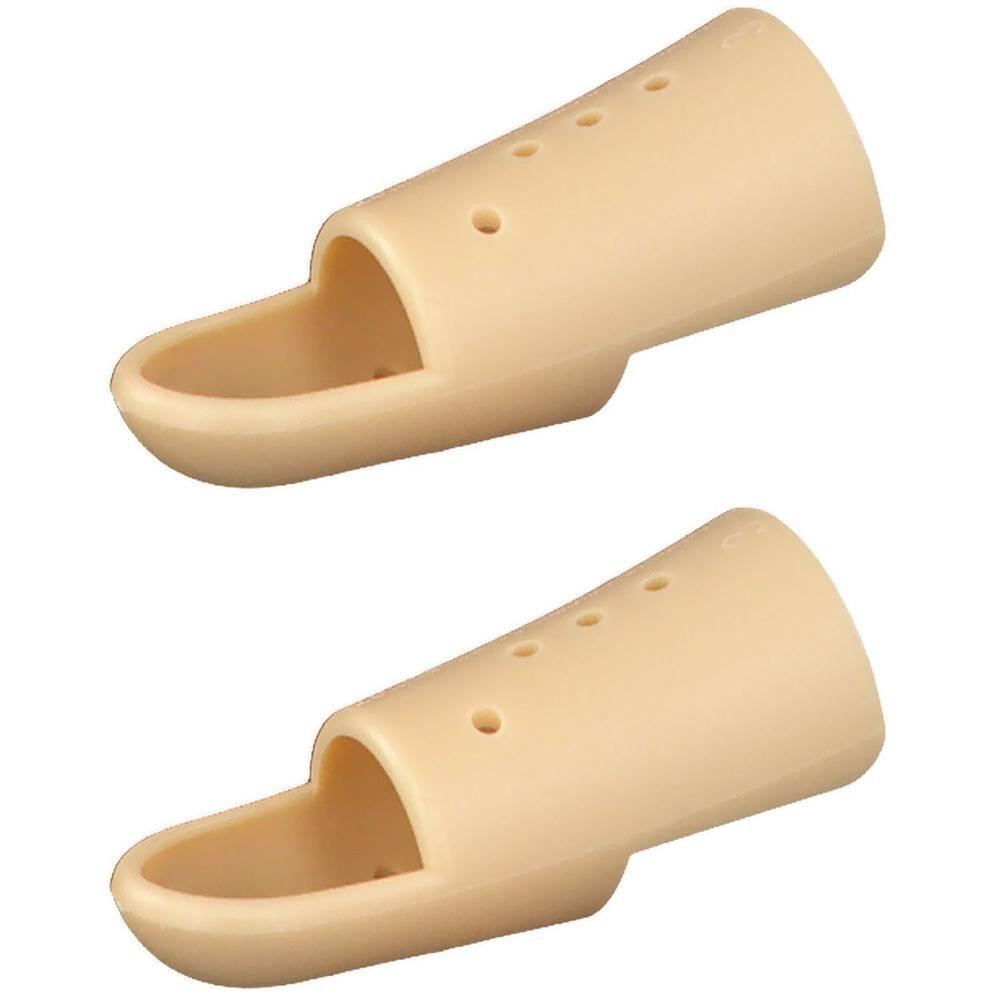 Twee beige vingerorthesen van kunststof met ventilatiegaatjes.