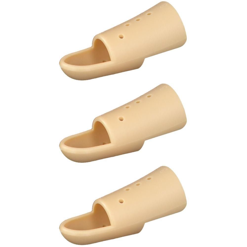 Trois capuchons de doigt beiges en plastique avec trous d'aération.