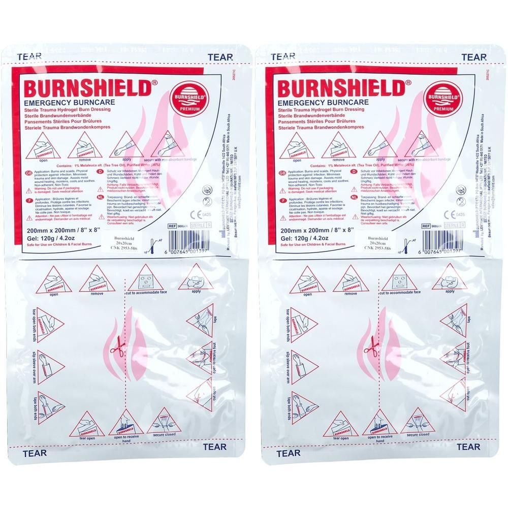 Deux pansements stériles Burnshield hydrogel pour brûlures, 200x200mm, avec instructions.