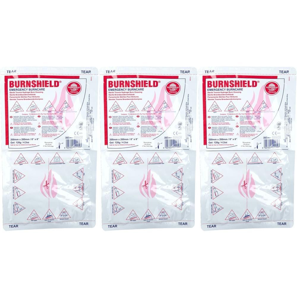Trois paquets de compresses d'urgence Burnshield, chacun 20x20 cm.