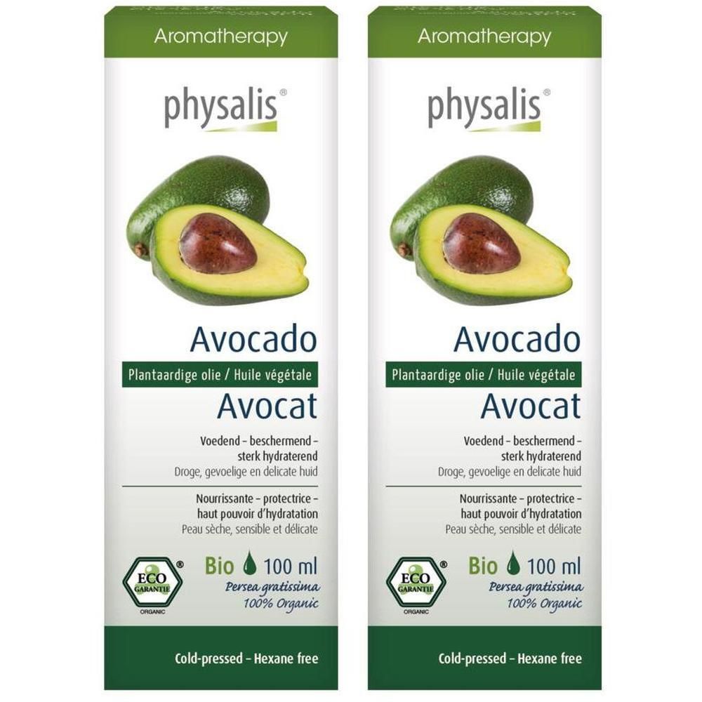 Deux flacons d'huile végétale d'avocat Physalis, 100ml. Bio, pressée à froid, sans hexane.