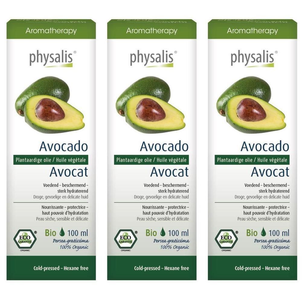 Trois bouteilles d'huile d'avocat Physalis. Avec illustration d'avocat et label Bio.