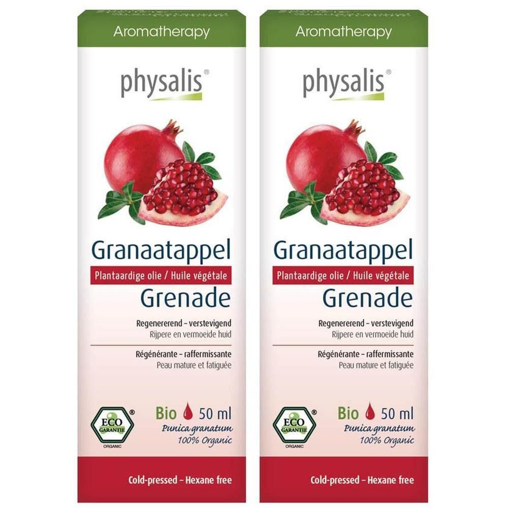 Twee flessen Physalis biologische granaatappelolie, 50 ml. Met afbeelding van granaatappel. Koudgeperst, hexaanvrij.