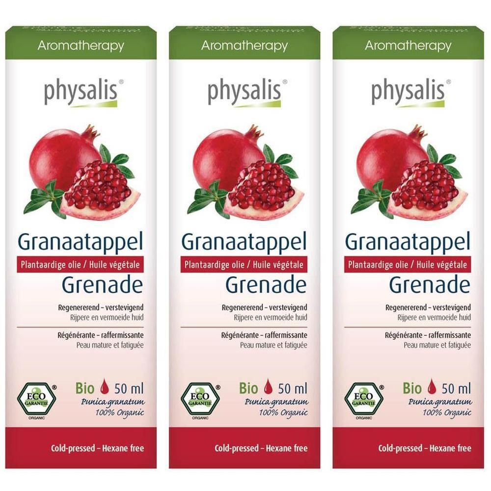 Drie flessen Physalis Granaatappelolie Bio, 50 ml. Met granaatappelafbeelding en ECO-certificering.