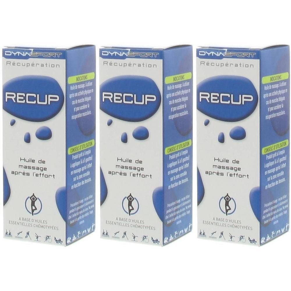 Trois boîtes de Dynarop Dynasport Recup huile de massage. Emballage bleu et blanc avec informations produit.