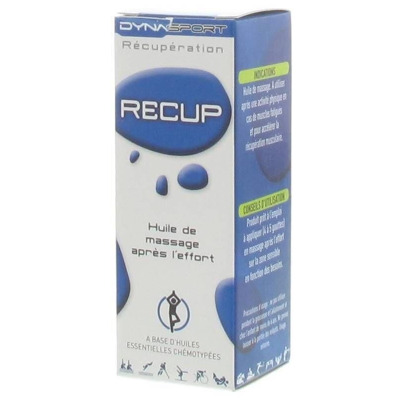 Dynasport Recup Recuperatie massageolie. Blauwe ovale vorm met tekst.
