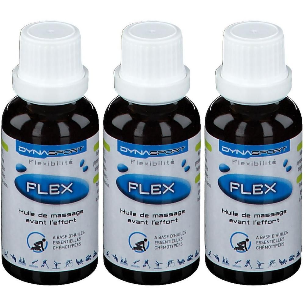 Drie flessen Dynasport Flex massageolie voor de sport. Donkere vloeistof in bruine glazen flesjes met witte doppen.