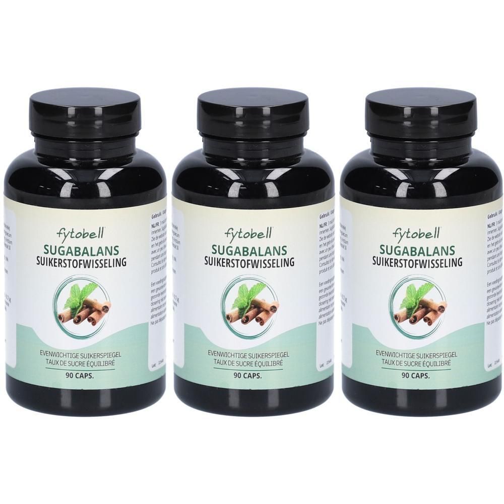 Drie flessen Fytobell Sugabalans, elk 90 capsules. Zwarte doppen, witte etiketten met afbeelding van kaneel en munt.
