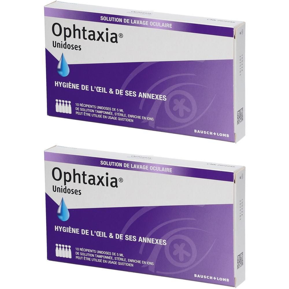 Bausch & Lomb Ophtaxia Unidoses : Deux boîtes de 10 unidoses stériles pour le lavage oculaire.