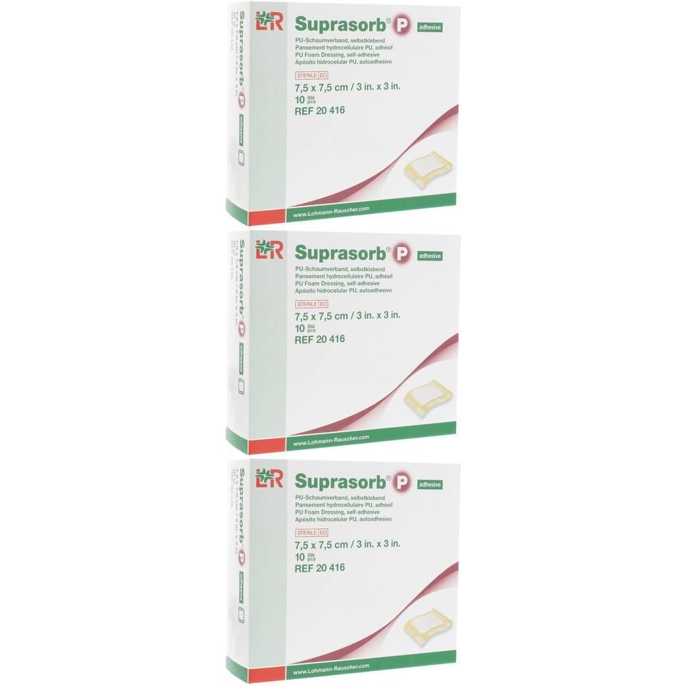 Drie pakken Suprasorb P wondverbanden, 7,5 x 7,5 cm.